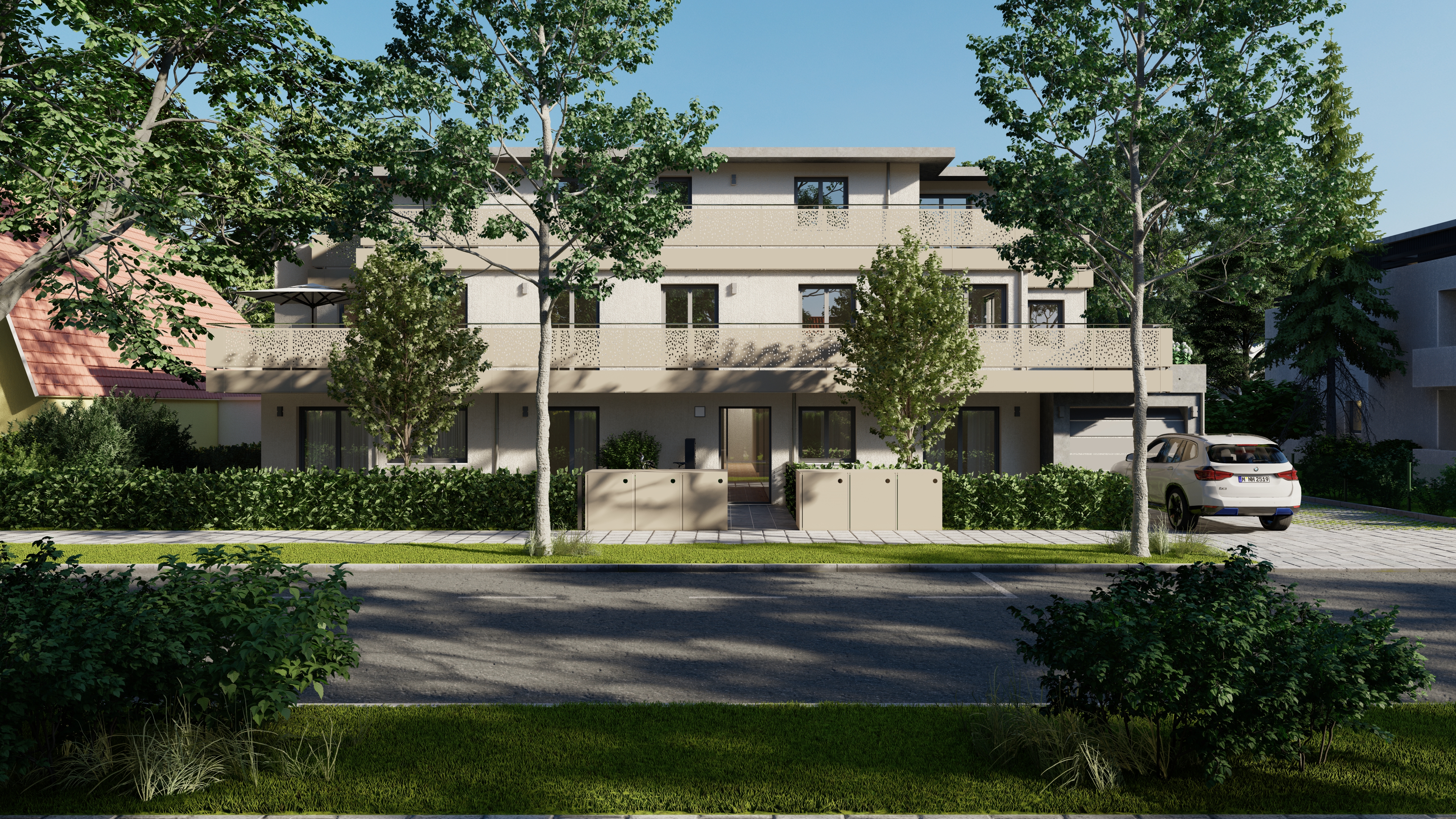 Neubau Allee 93 in München-Pasing bei Beleuchtung (Visualisierung)